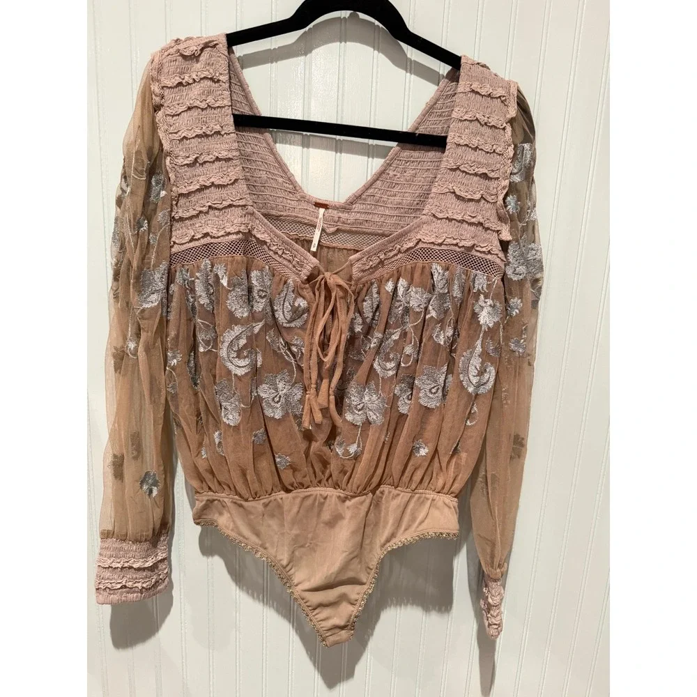 Free People Embellished Sheer Meadows bodysuit SMALL Lace Fairy‎ Coquette